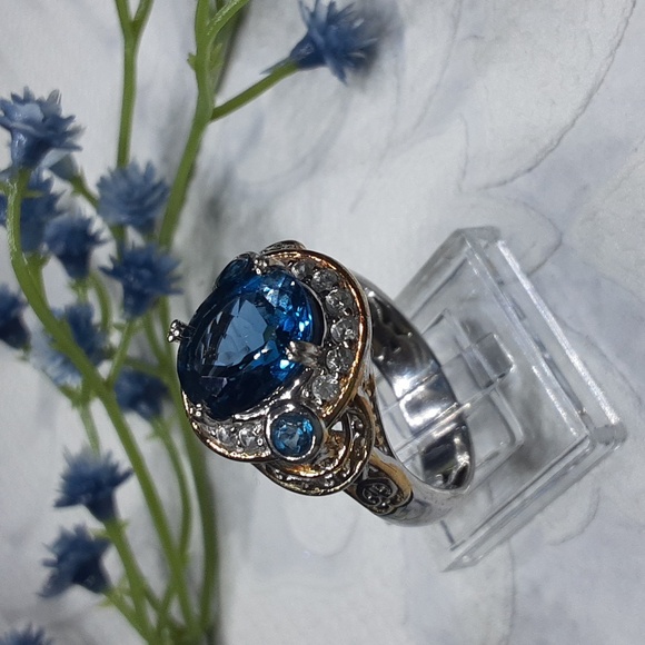 925 Genuine London Blue Topaz And White Zircon Ring.
